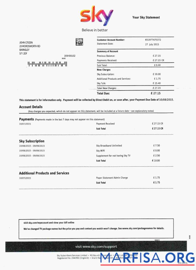 Blank United Kingdom Sky utility bill template, fully editable in PSD format